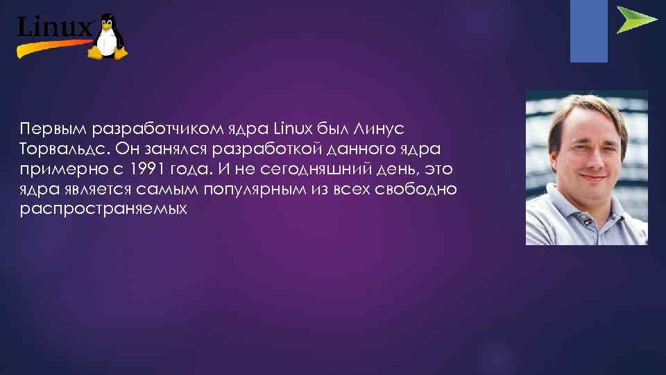 Первым разработчиком ядра Linux был Линус Торвальдс. Он занялся разработкой данного ядра примерно с