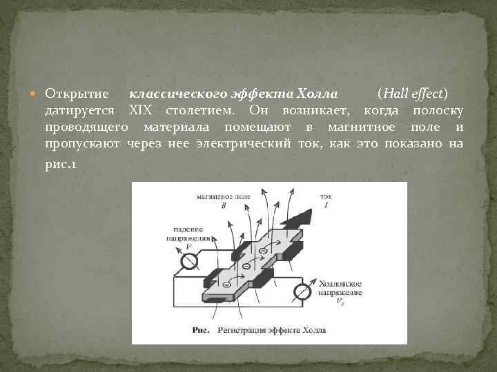  Открытие классического эффекта Холла (Hall effect) датируется XIX столетием. Он возникает, когда полоску