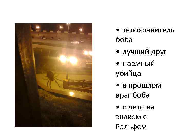  • телохранитель боба • лучший друг • наемный убийца • в прошлом враг