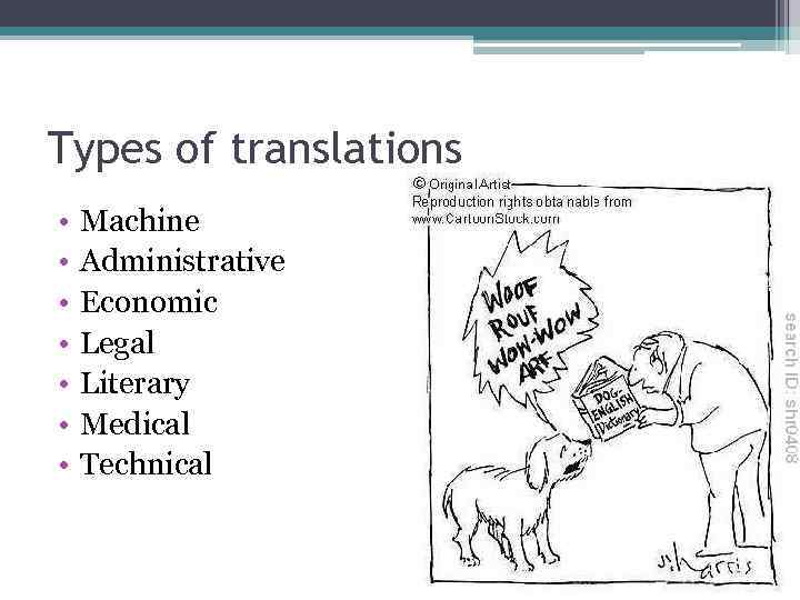 Types of translations • • Machine Administrative Economic Legal Literary Medical Technical 