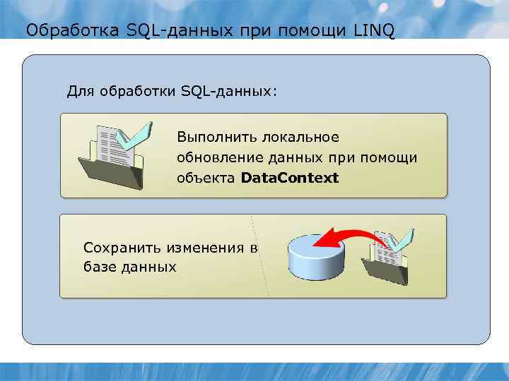 Обработка SQL-данных при помощи LINQ Для обработки SQL-данных: Выполнить локальное обновление данных при помощи