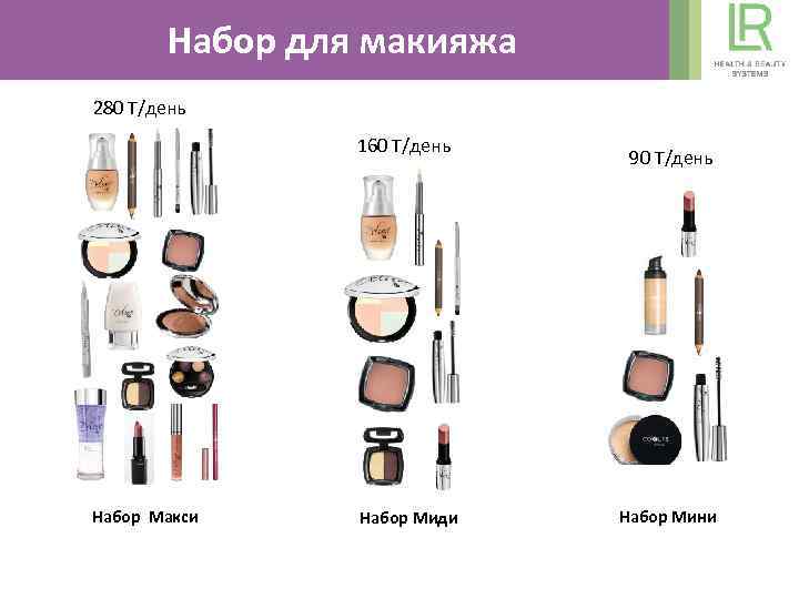 Набор для макияжа 280 Т/день 160 Т/день Набор Макси Набор Миди 90 Т/день Набор