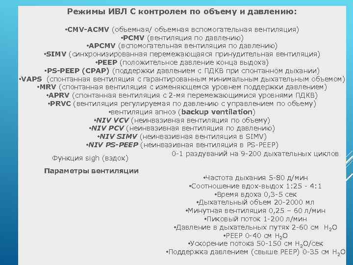 Режимы ИВЛ С контролем по объему и давлению: • CMV-ACMV (объемная/ объемная вспомогательная вентиляция)