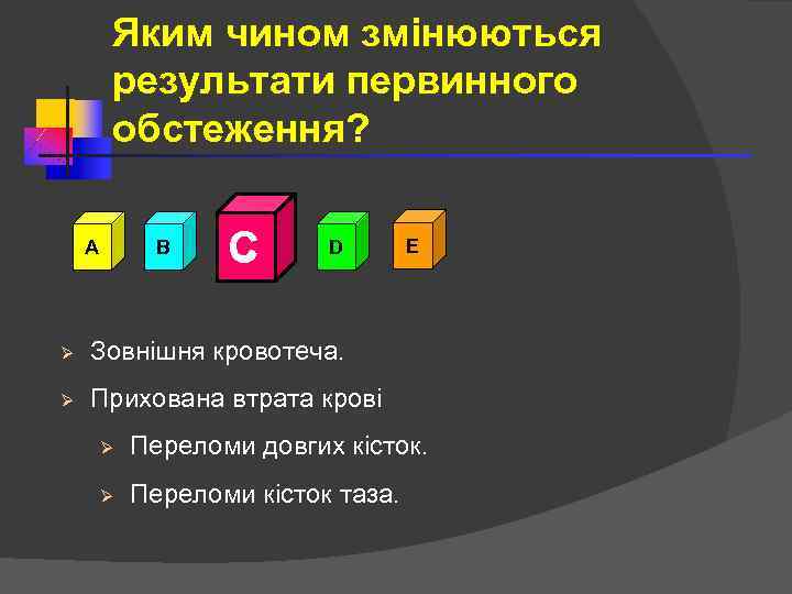 Яким чином змінюються результати первинного обстеження? A B C D Ø Зовнішня кровотеча. Ø