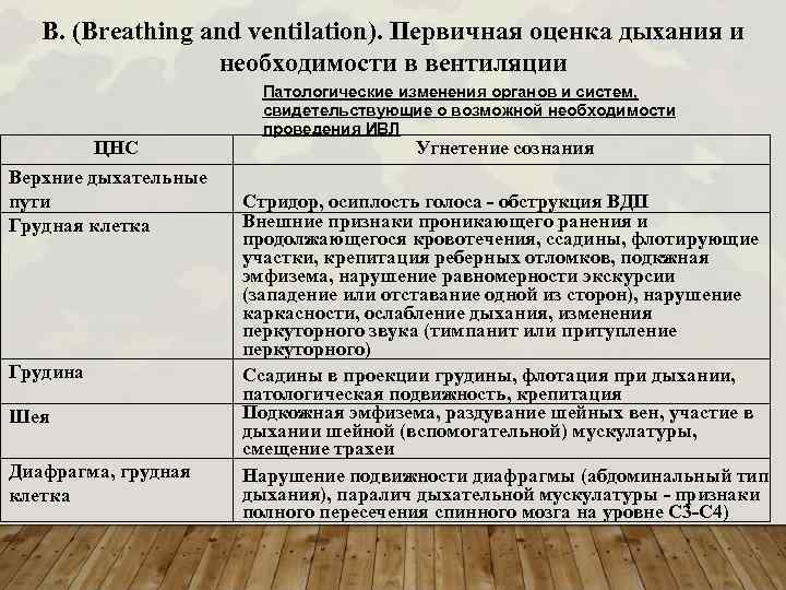 В. (Breathing and ventilation). Первичная оценка дыхания и необходимости в вентиляции ЦНС Верхние дыхательные