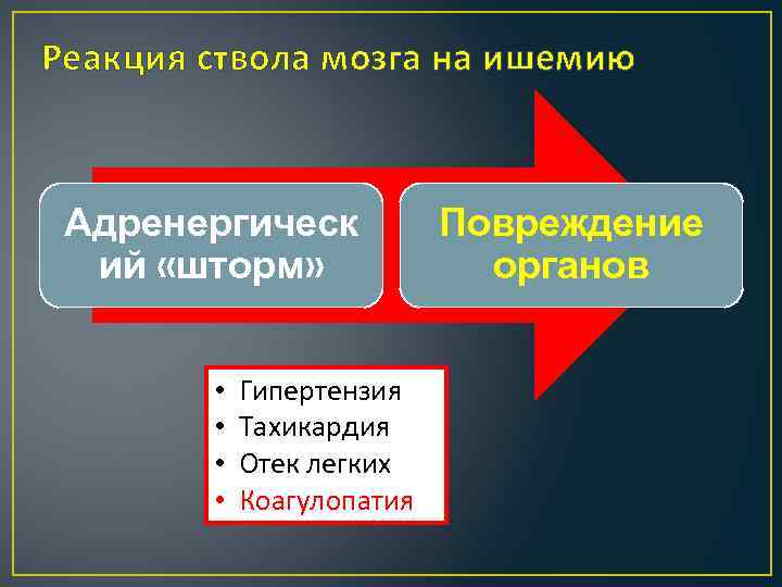 Реакция ствола мозга на ишемию Адренергическ ий «шторм» • • Гипертензия Тахикардия Отек легких