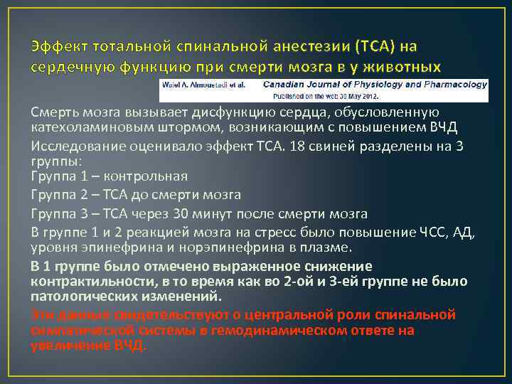 Эффект тотальной спинальной анестезии (ТСА) на сердечную функцию при смерти мозга в у животных