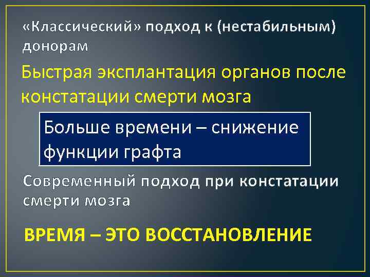  «Классический» подход к (нестабильным) донорам Быстрая эксплантация органов после констатации смерти мозга Больше