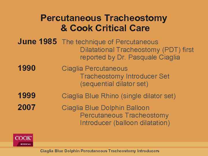 Percutaneous Tracheostomy & Cook Critical Care June 1985 The technique of Percutaneous Dilatational Tracheostomy