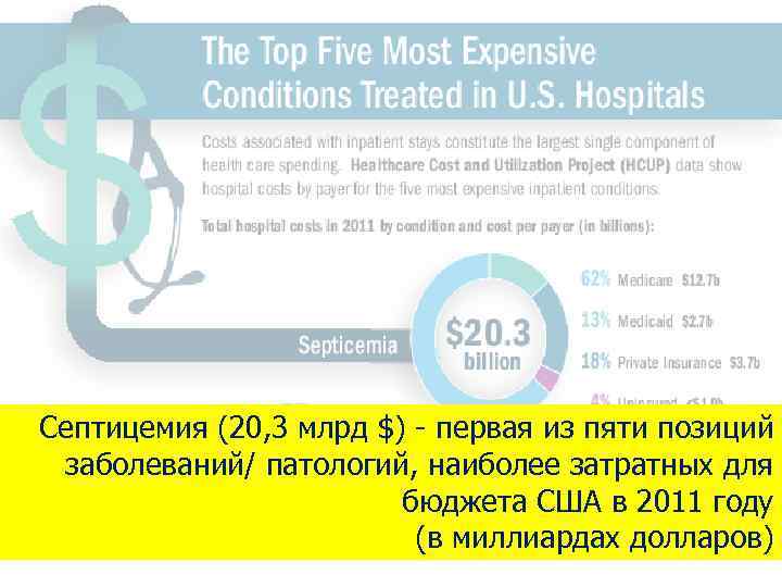 Септицемия (20, 3 млрд $) - первая из пяти позиций заболеваний/ патологий, наиболее затратных