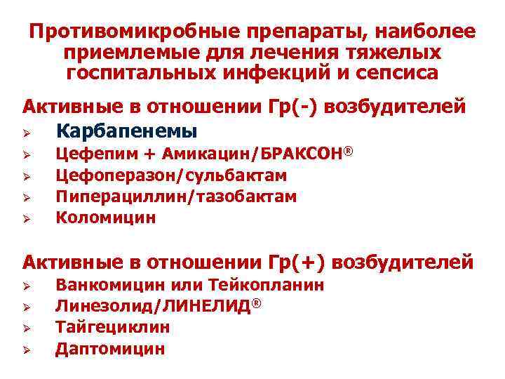 Противомикробные препараты, наиболее приемлемые для лечения тяжелых госпитальных инфекций и сепсиса Активные в отношении