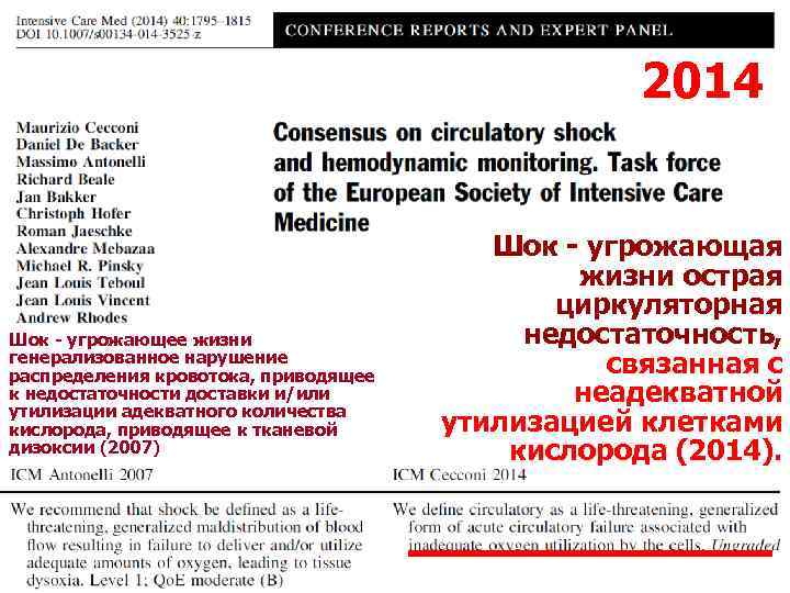 2014 Шок - угрожающее жизни генерализованное нарушение распределения кровотока, приводящее к недостаточности доставки и/или