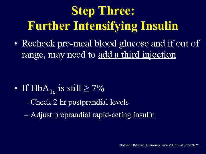Step Three: Further Intensifying Insulin • Recheck pre-meal blood glucose and if out of