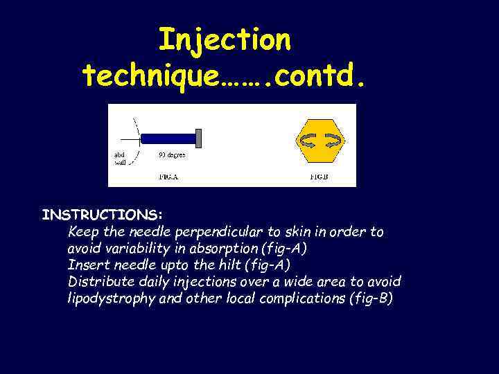 Injection technique……. contd. INSTRUCTIONS: Keep the needle perpendicular to skin in order to avoid