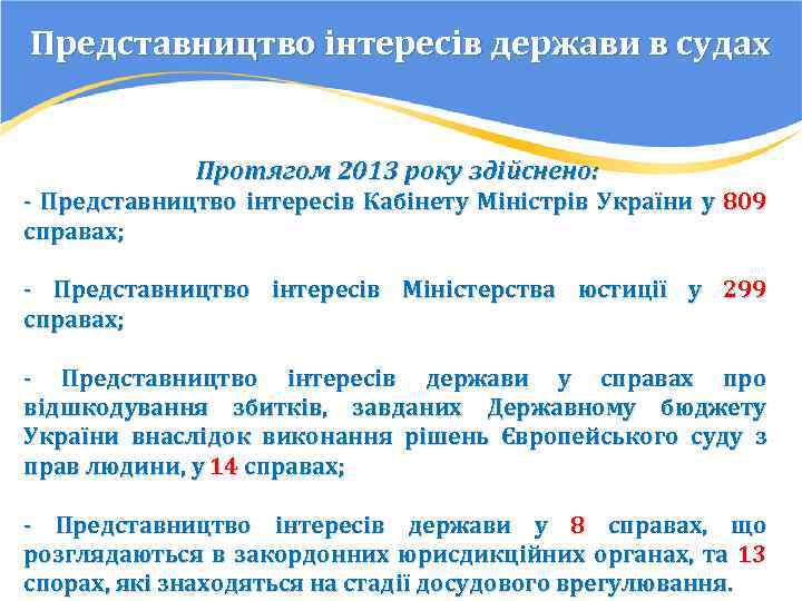 Представництво інтересів держави в судах Протягом 2013 року здійснено: - Представництво інтересів Кабінету Міністрів