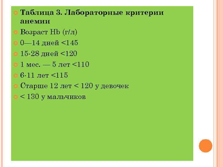 Таблица 3. Лабораторные критерии анемии Возраст Hb (г/л) 0— 14 дней <145 15 -28
