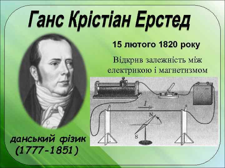 15 лютого 1820 року Відкрив залежність між електрикою і магнетизмом данський фізик (1777 -1851)