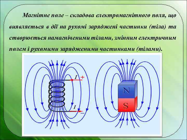 Магнітне поле – складова електромагнітного поля, що виявляється в дії на рухомі заряджені частинки