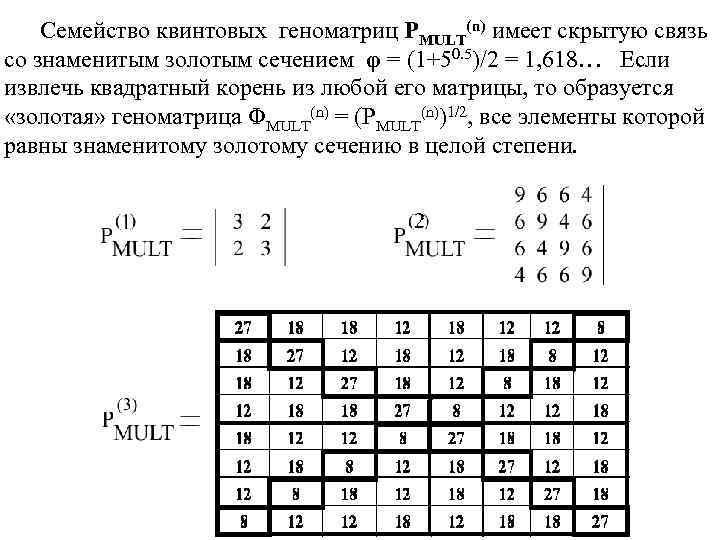 Семейство квинтовых геноматриц PMULT(n) имеет скрытую связь со знаменитым золотым сечением φ = (1+50.