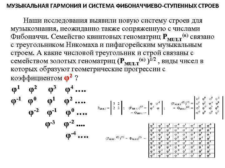 МУЗЫКАЛЬНАЯ ГАРМОНИЯ И СИСТЕМА ФИБОНАЧЧИЕВО-СТУПЕННЫХ СТРОЕВ Наши исследования выявили новую систему строев для музыкознания,