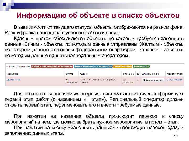 Информацию об объекте в списке объектов В зависимости от текущего статуса, объекты отображаются на