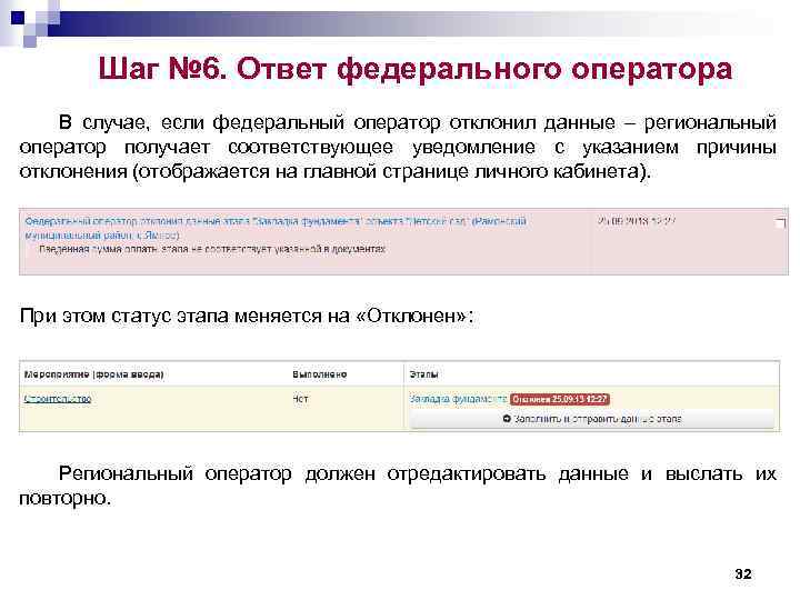 Шаг № 6. Ответ федерального оператора В случае, если федеральный оператор отклонил данные –