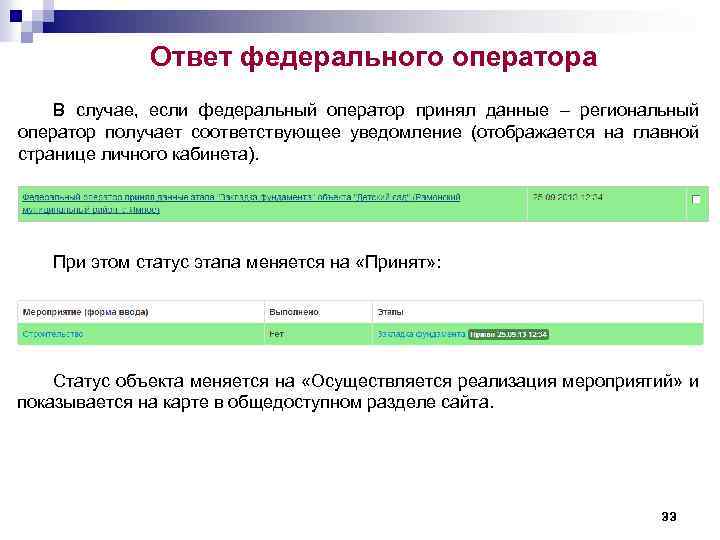 Ответ федерального оператора В случае, если федеральный оператор принял данные – региональный оператор получает