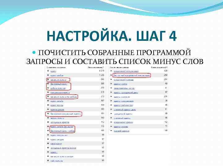НАСТРОЙКА. ШАГ 4 ПОЧИСТИТЬ СОБРАННЫЕ ПРОГРАММОЙ ЗАПРОСЫ И СОСТАВИТЬ СПИСОК МИНУС СЛОВ 