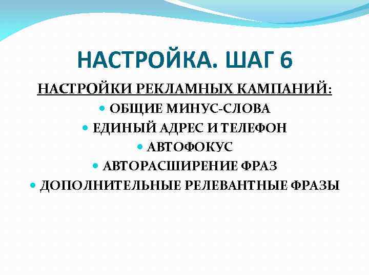 НАСТРОЙКА. ШАГ 6 НАСТРОЙКИ РЕКЛАМНЫХ КАМПАНИЙ: ОБЩИЕ МИНУС-СЛОВА ЕДИНЫЙ АДРЕС И ТЕЛЕФОН АВТОФОКУС АВТОРАСШИРЕНИЕ