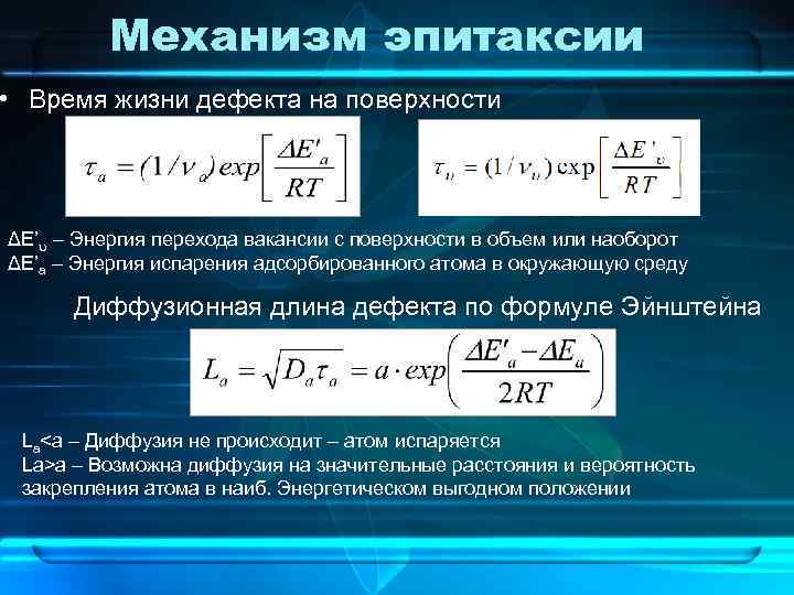 Механизм эпитаксии • Время жизни дефекта на поверхности ΔE’u – Энергия перехода вакансии с