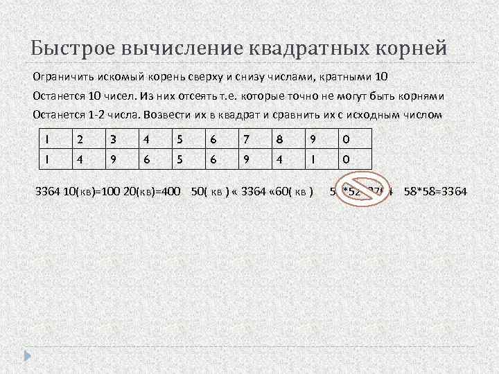 Быстрое вычисление квадратных корней Ограничить искомый корень сверху и снизу числами, кратными 10 Останется