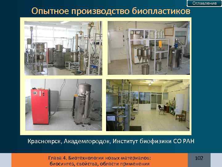 Опытное производство биопластиков Оглавление Красноярск, Академгородок, Институт биофизики СО РАН Глава 4. Биотехнология новых