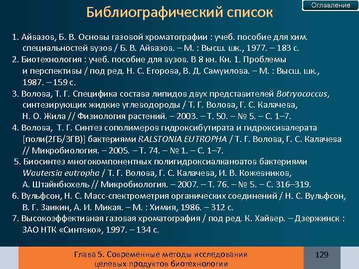 Библиографический список Оглавление 1. Айвазов, Б. В. Основы газовой хроматографии : учеб. пособие для