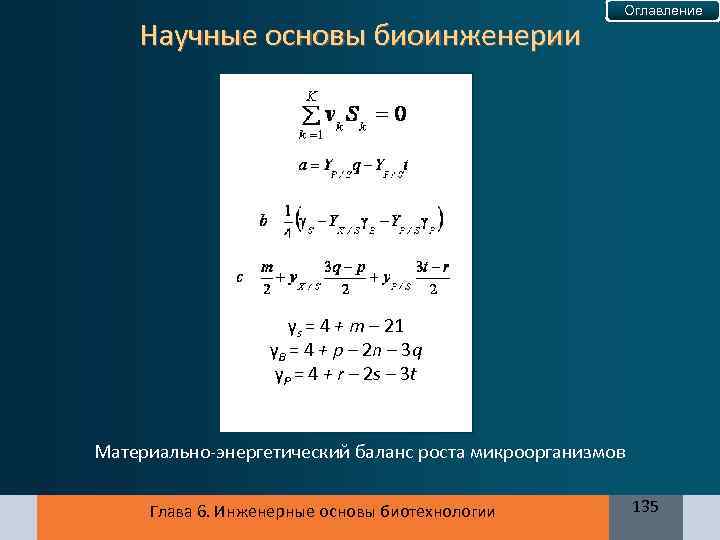 Научные основы биоинженерии Оглавление γs = 4 + m – 21 γB = 4