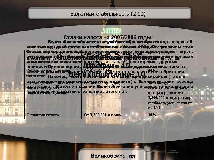Валютная стабильность (2 -12) Ставки налога на 2007/2008 годы: Великобритания имеет самую большую в