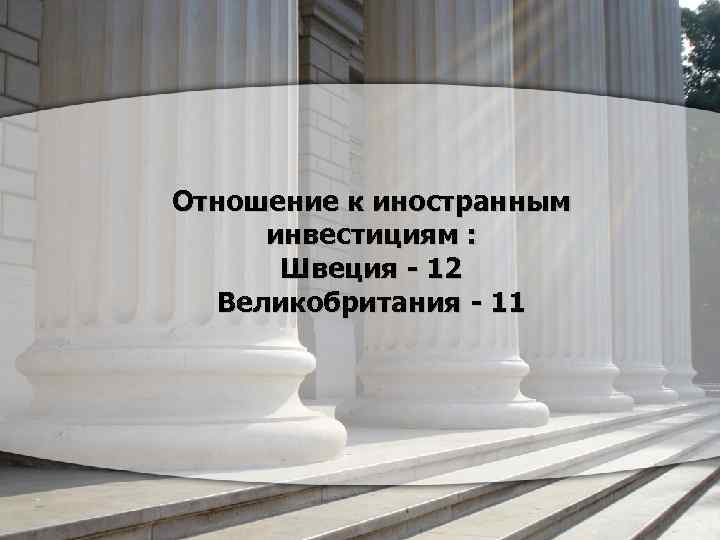 Отношение к иностранным инвестициям : Швеция - 12 Великобритания - 11 