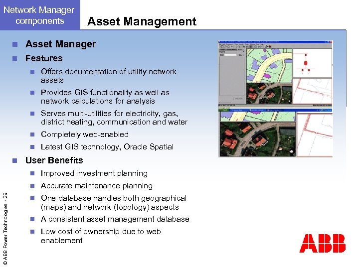 Network Manager components Asset Management n Asset Manager n Features n n Provides GIS