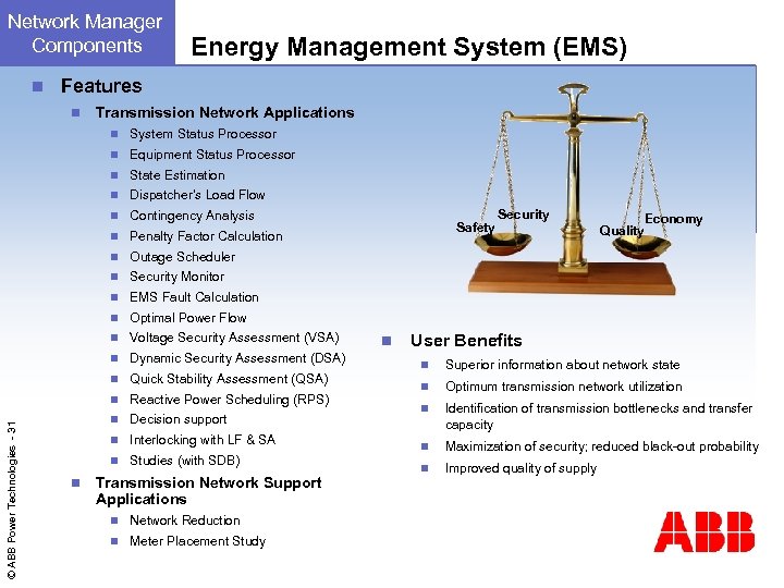 Network Manager Components n Energy Management System (EMS) Features n Transmission Network Applications n