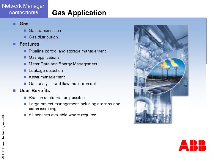 Network Manager components n Gas Application Gas transmission n Gas distribution n Features n