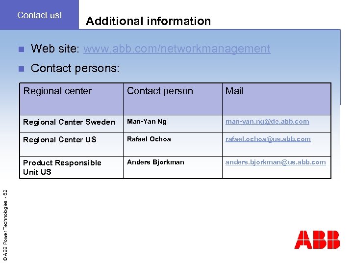 Contact us! Additional information n Web site: www. abb. com/networkmanagement n Contact persons: Contact