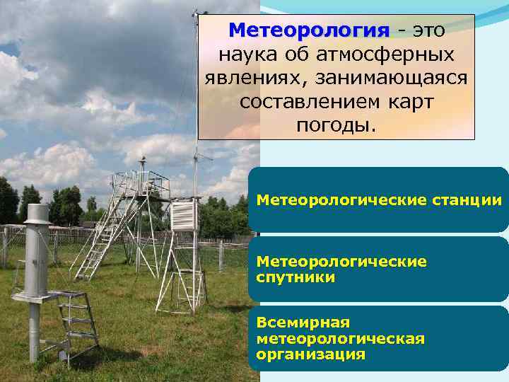 Метеорология - это наука об атмосферных явлениях, занимающаяся составлением карт погоды. Метеорологические станции Метеорологические