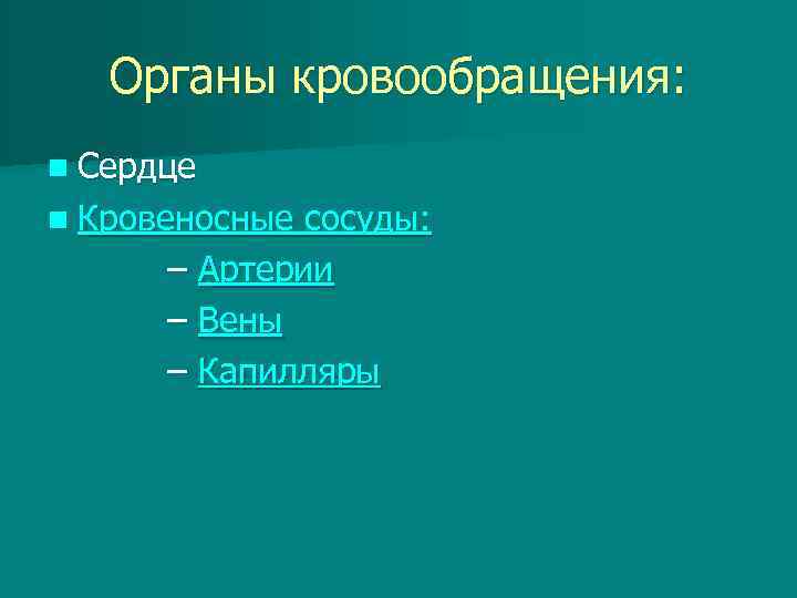 Органы кровообращения: n Сердце n Кровеносные сосуды: – Артерии – Вены – Капилляры 