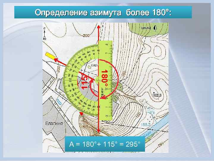 180° 115° Определение азимута более 180°: А = 180°+ 115° = 295° 