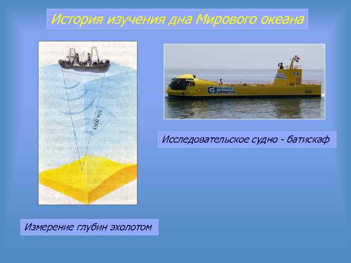История изучения дна Мирового океана Исследовательское судно - батискаф Измерение глубин эхолотом 