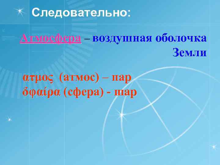 Следовательно: Атмосфера – воздушная оболочка Земли ατμος (атмос) – пар δφαίρα (сфера) - шар
