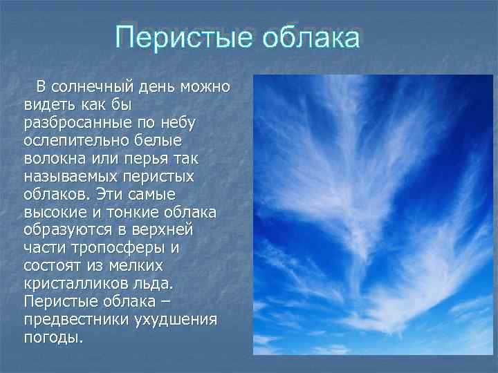 В солнечный день можно видеть как бы разбросанные по небу ослепительно белые волокна или