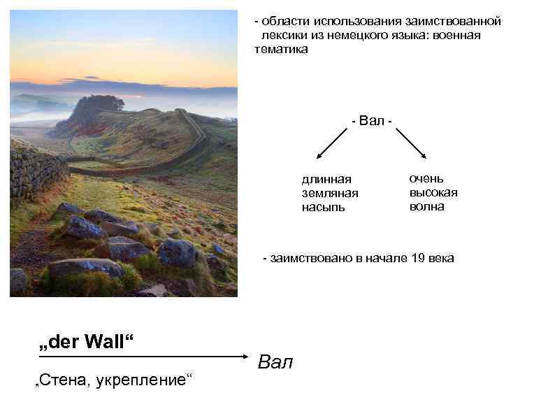 - области использования заимствованной лексики из немецкого языка: военная тематика - Вал - длинная