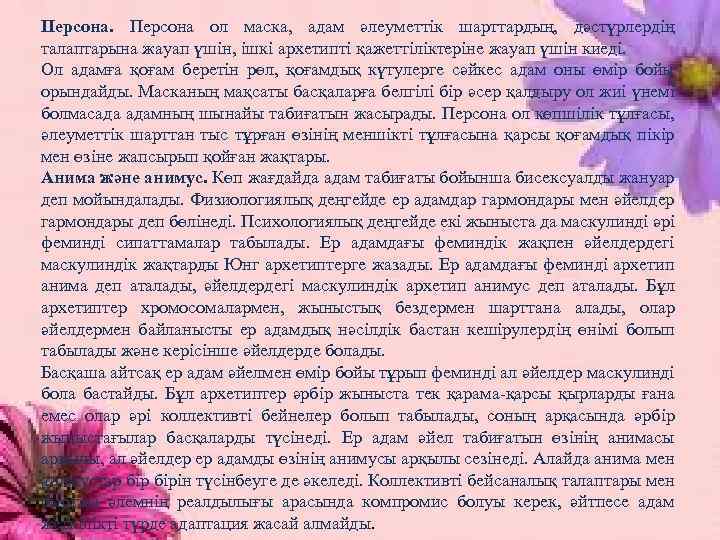 Персона. Персона ол маска, адам әлеуметтік шарттардың, дәстүрлердің талаптарына жауап үшін, ішкі архетипті қажеттіліктеріне