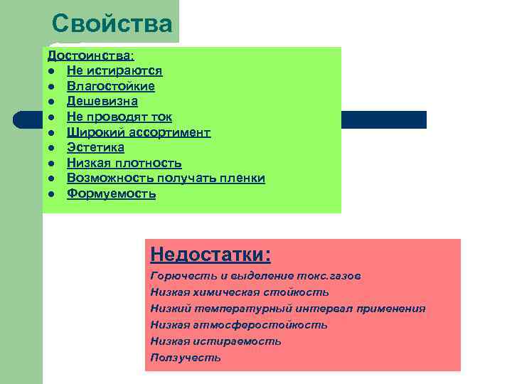 Свойства Достоинства: l Не истираются l Влагостойкие l Дешевизна l Не проводят ток l