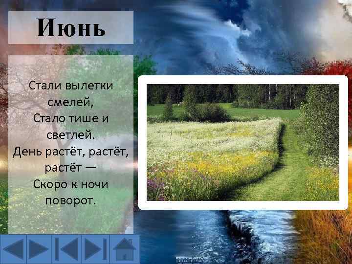 Июнь Стали вылетки смелей, Стало тише и светлей. День растёт, растёт — Скоро к